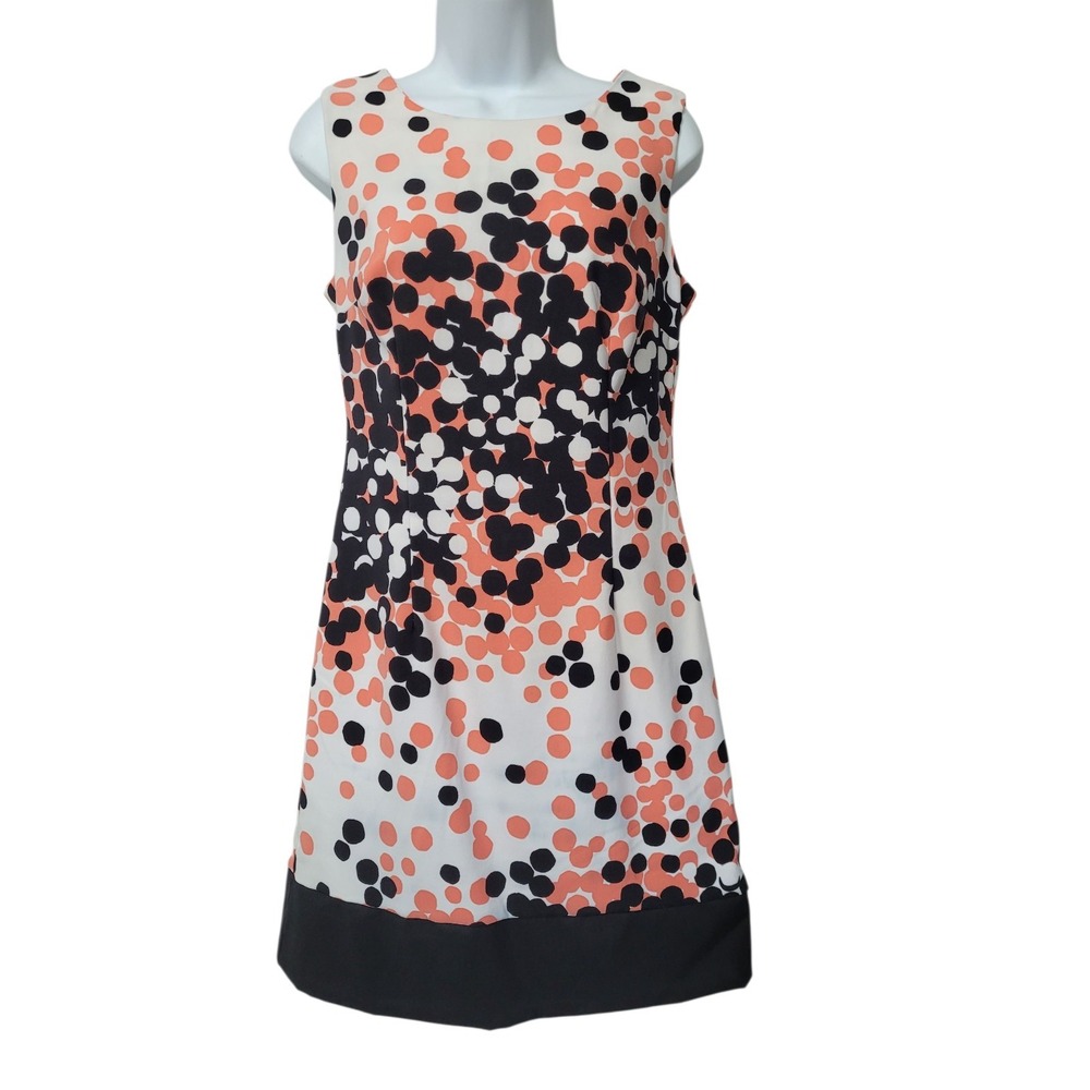 Ronni Nicole Sleeveless Sheath Dress White Coral Black Dots Knee Length Size 6